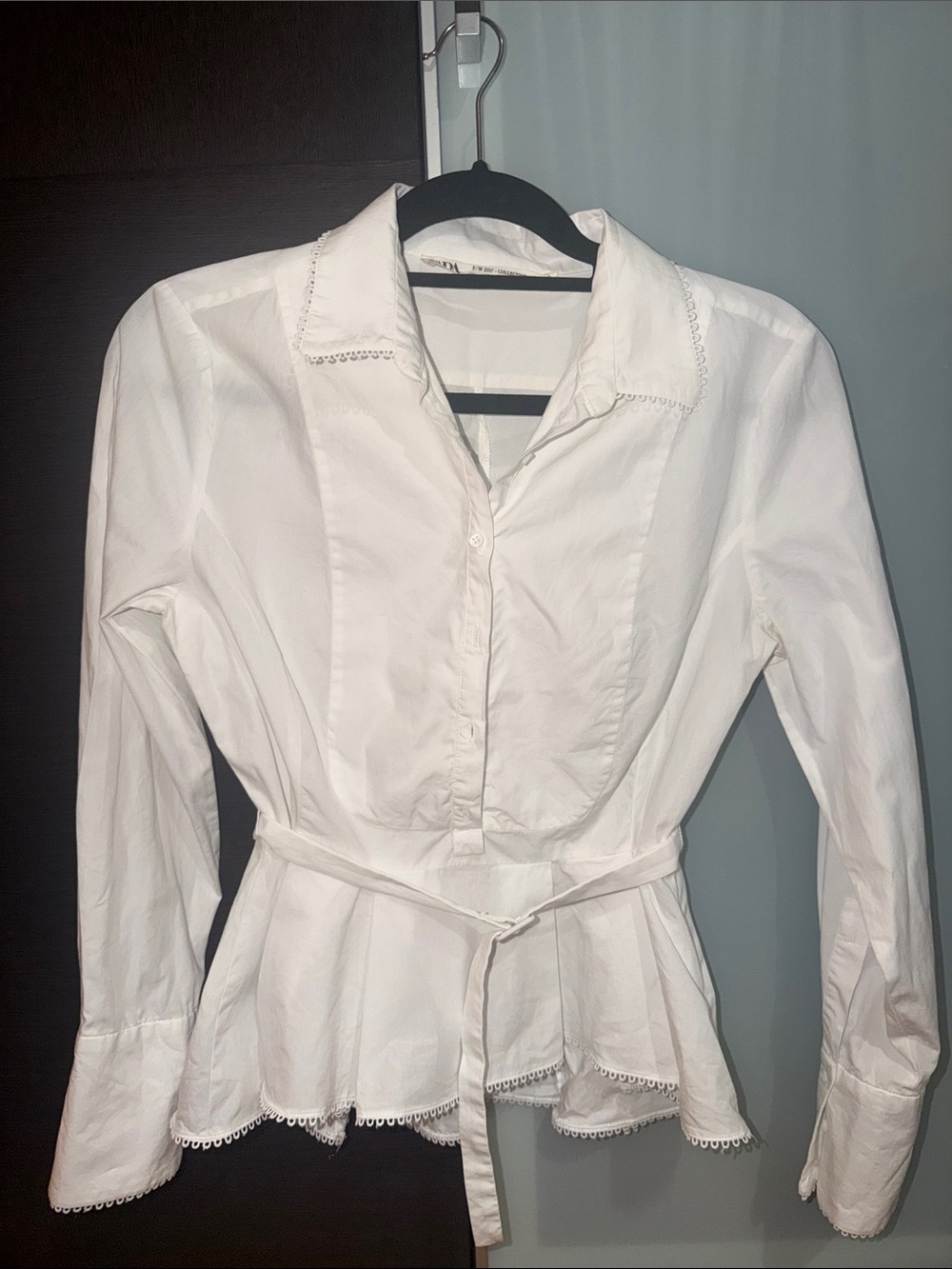 Zara White Peplum Button-Down Shirt with Self-Tie Belt